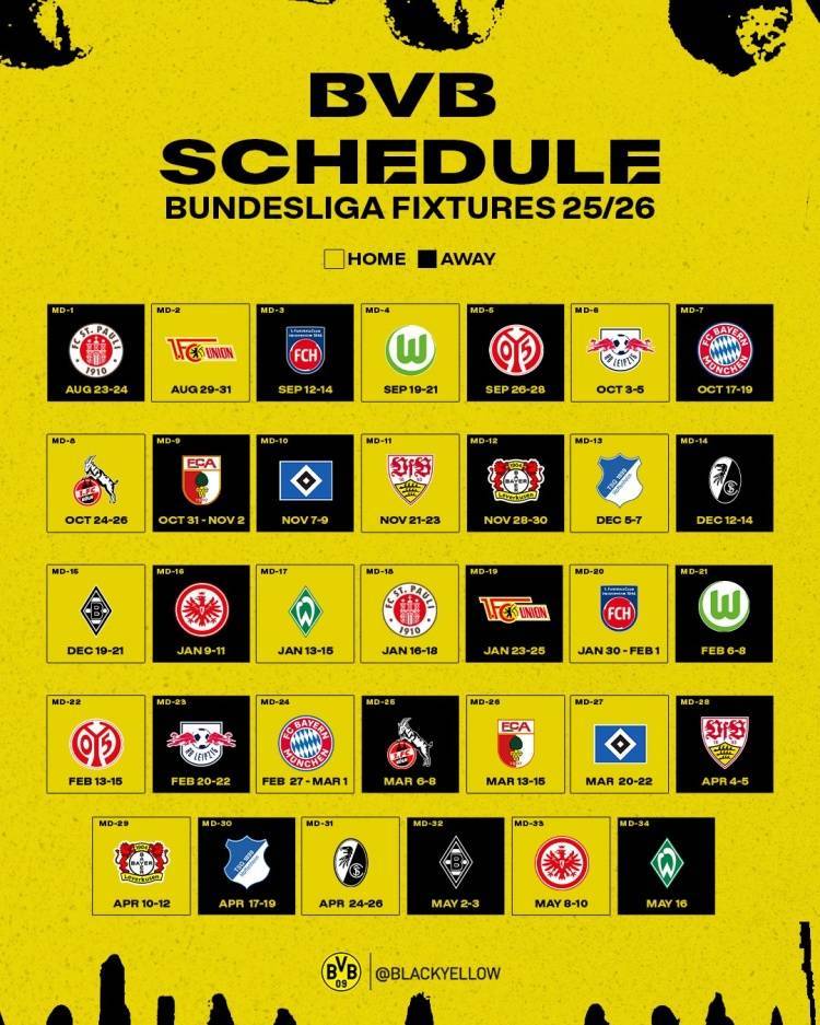 多特新赛季德甲赛程:首轮客战圣保利,10月中旬对阵拜仁